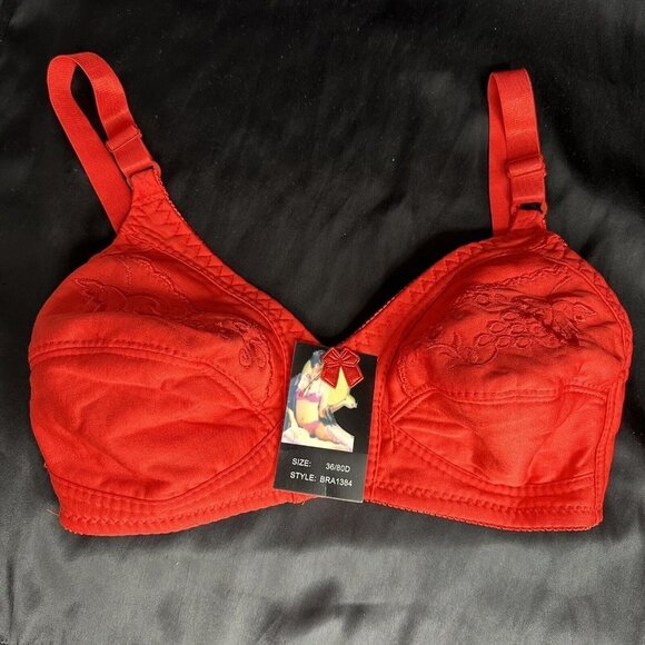 Red Bra 28C No Underwire Soft Comfortable Fit With Embroidered Floral Grapes - Picture 1 of 10